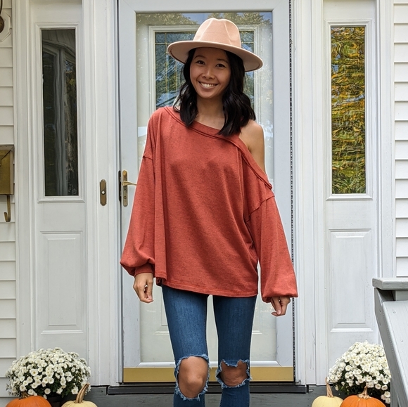 Rust Orange Shoulder Cut Out Long Sleeve Top - Picture 3 of 12